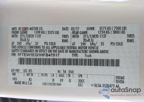 2017 Ford F-150 King Ranch z USA, uszkodzony, nr VIN 1FTEW1EG1HFB47517